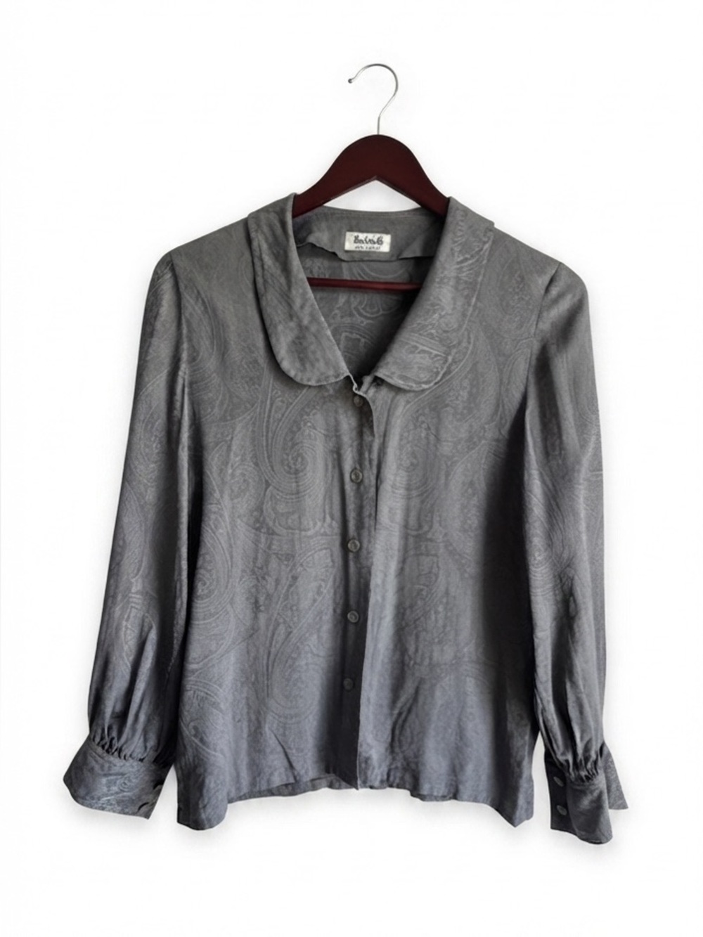 Vintage Harrods Made in France Gray Paisley Women's Blouse Top S/M